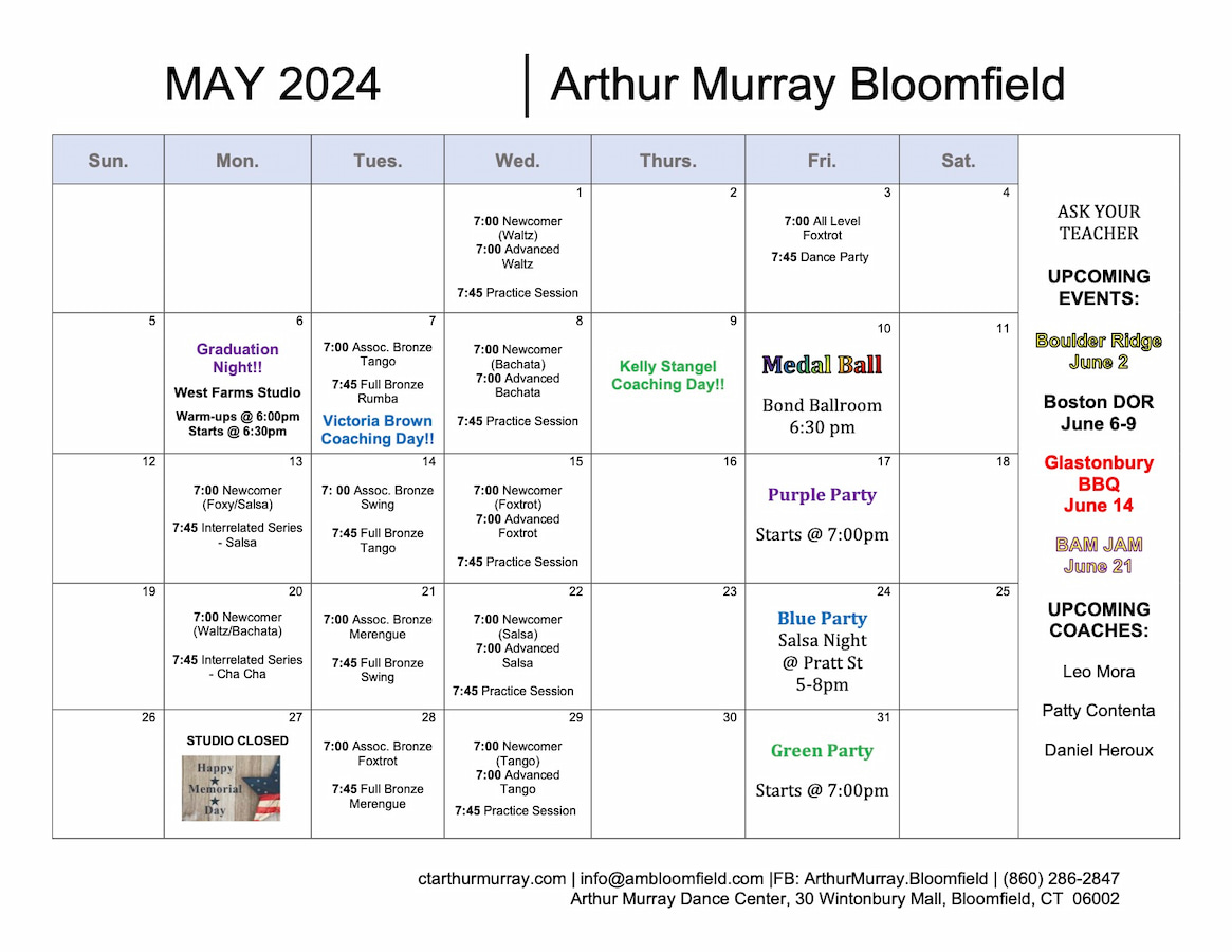Arthur Murray Bloomfield Group Class Calendar